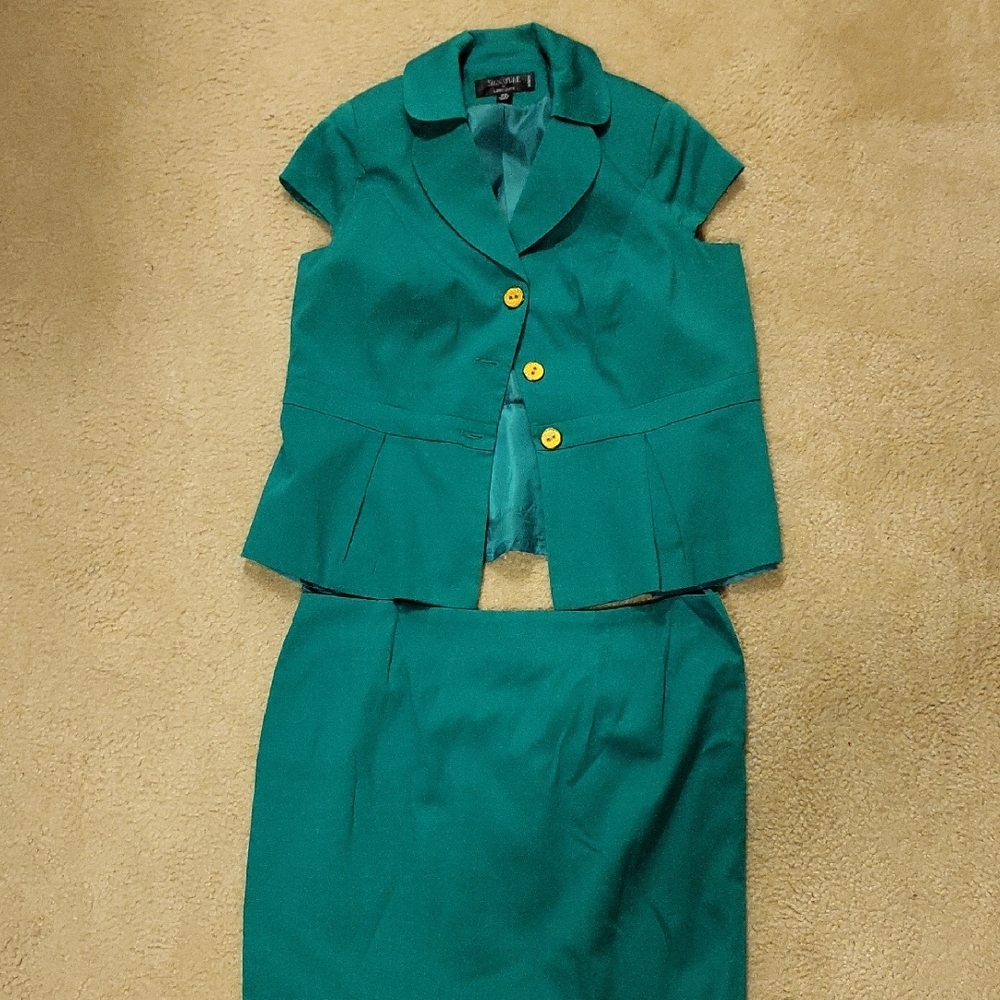 Green Skirt Suit with Gold Buttons